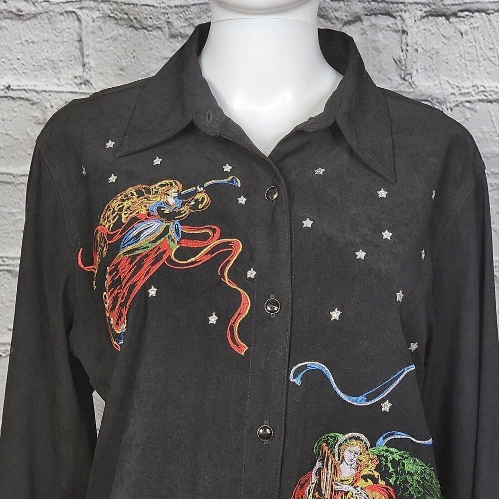 Bill Blass Vintage Black Embroidered Christmas Angel Shirt, Women's Large